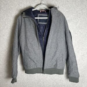 TOMMY HILFIGER Insulated Double Layer Hooded Bomber Coat Men's M Gray Navy